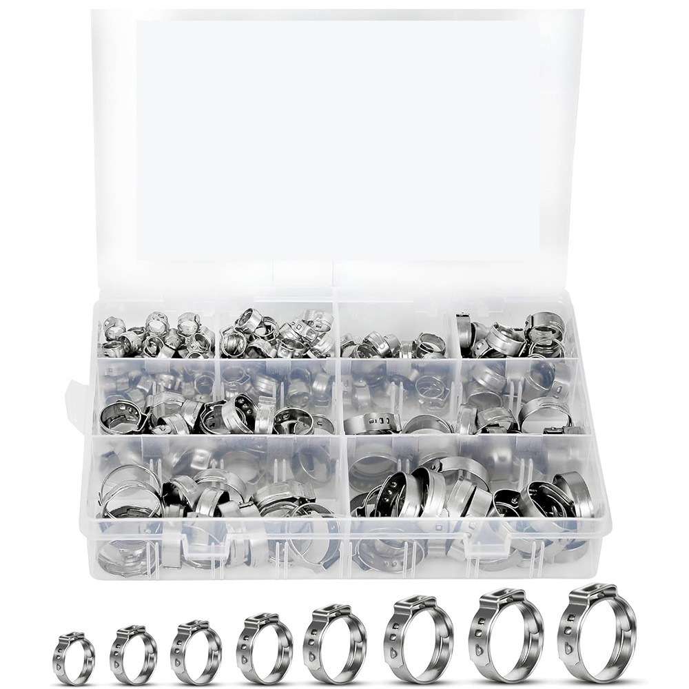 145PCS盒装 304不锈钢/单耳无极卡箍喉箍 水管油管软管夹