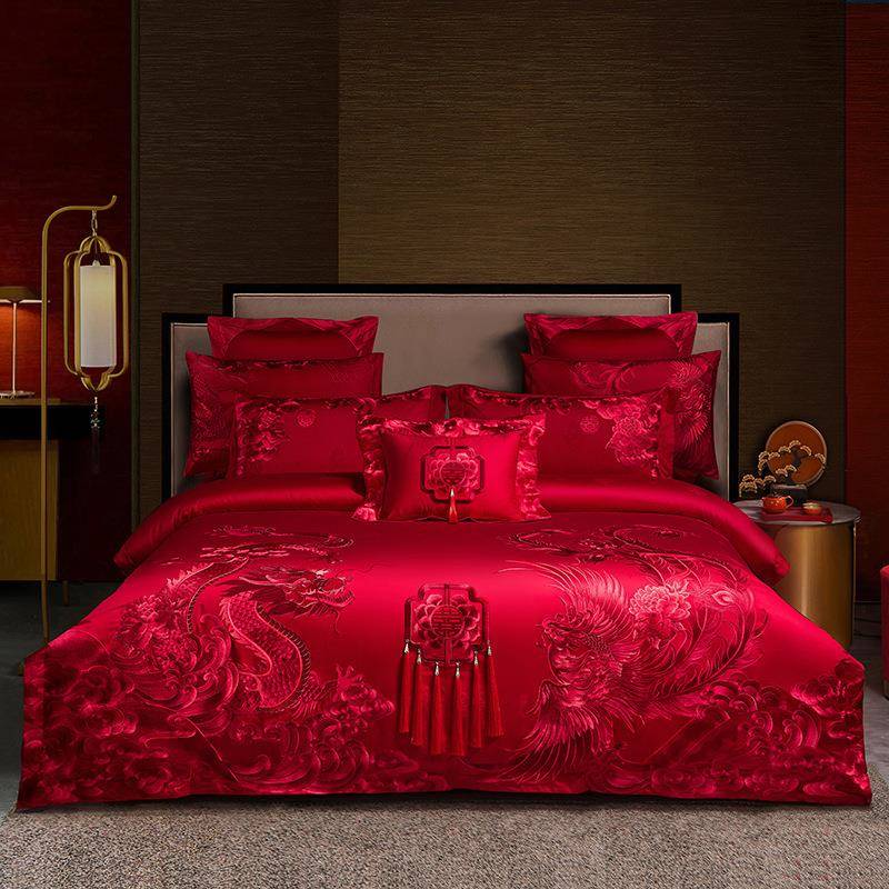 高端140S全棉贡缎提花刺绣大红婚庆四件套双股长绒棉婚嫁床上用品