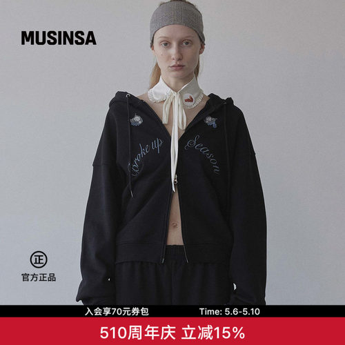 字母刺绣连帽卫衣女拉链宽松外套