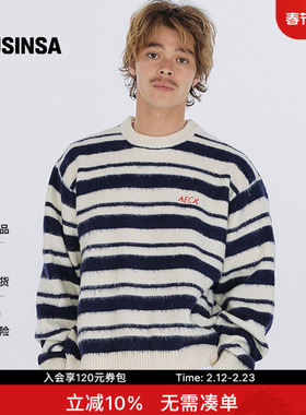 AECA韩国男女春季新款情侣休闲上衣圆领宽条纹针织毛衣MUSINSA