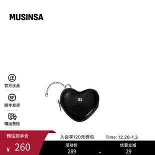 STAND 黑色光面皮革心形耳机包钥匙扣MUSINSA OIL韩国女士25冬季