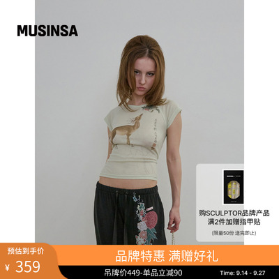 女士复古风修身型小鹿印花短袖