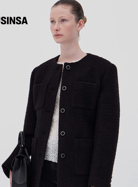 LEVAR韩国25秋冬纽扣翻领简约通勤小西装粗花呢羊毛半夹克MUSINSA