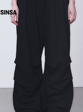 TREEMINGBIRD韩国男女同款25秋季黑色褶皱直筒长裤休闲裤MUSINSA