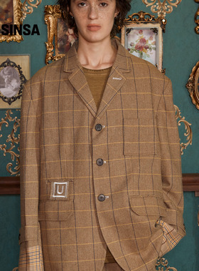 UNALLOYED韩国男女25秋季新款休闲羊毛格纹西装外套MUSINSA