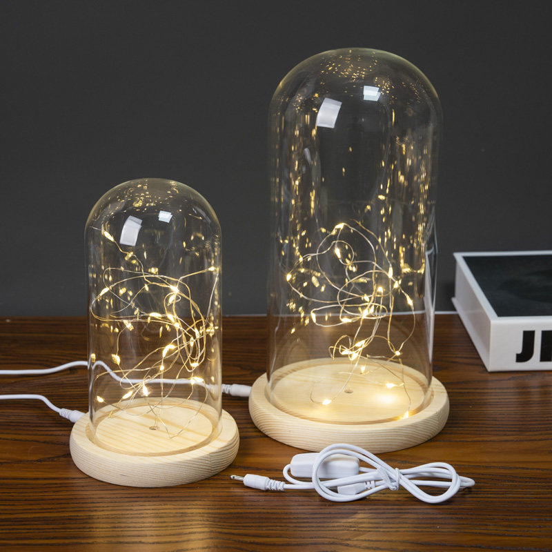 USB插电开关灯串发光玻璃罩海胆透明展示盒人偶圣诞树积木手模