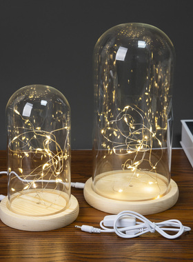 USB插电开关灯串发光玻璃罩海胆透明展示盒人偶圣诞树积木手模