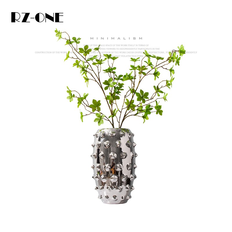 rzone 创意后现代轻r奢极简花瓶电镀银色菠萝纹软装样板房花器摆
