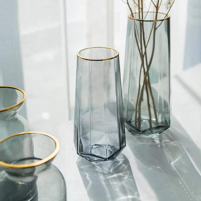 精品北欧灰e玻璃花瓶水培干花束插花花器轻奢家居金边饰品装饰摆