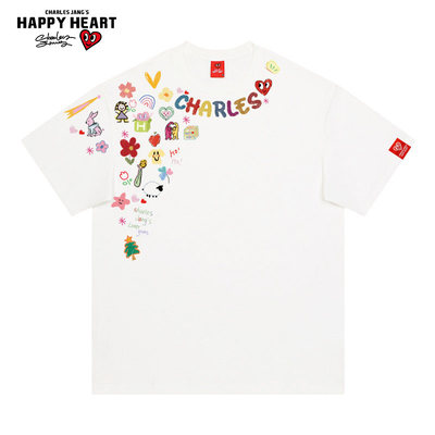 查尔斯桃心 卡通涂鸦印花短袖t恤男女2026年夏季美式纯棉圆领情侣