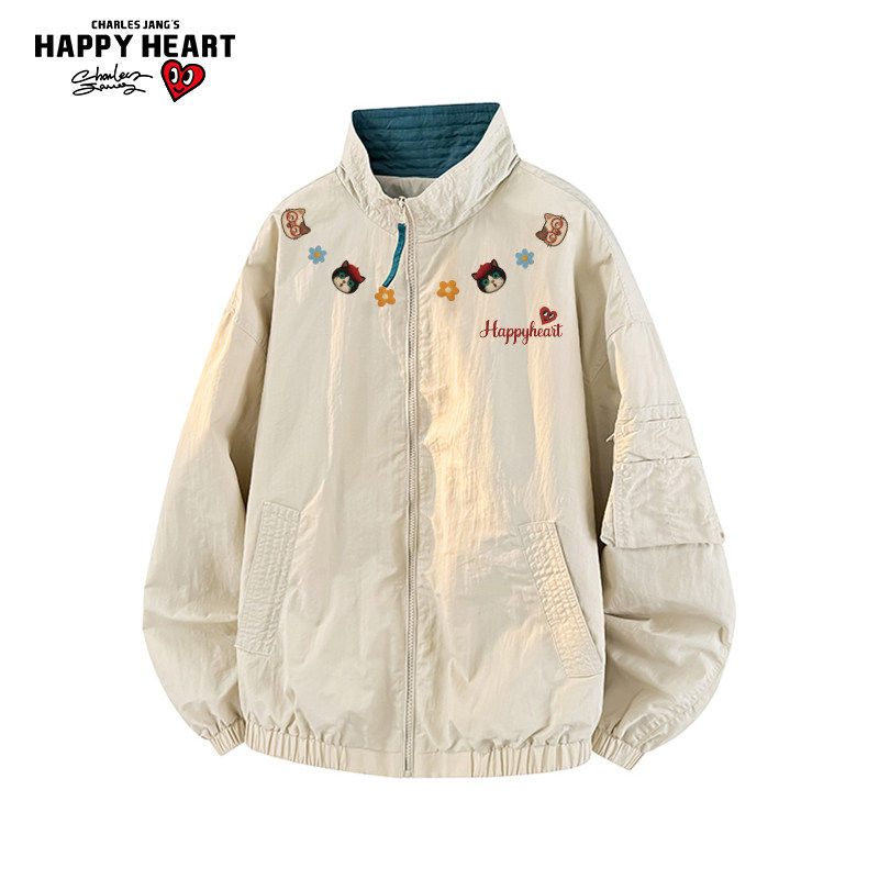 查尔斯桃心小猫印花立领飞行夹克男女春上新百搭宽松潮牌工装外套