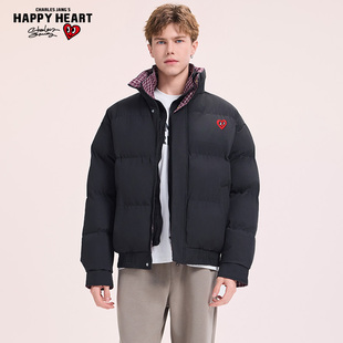 查尔斯桃心棉衣男女款冬季美式格子拼接假两件加厚立领面包服外套
