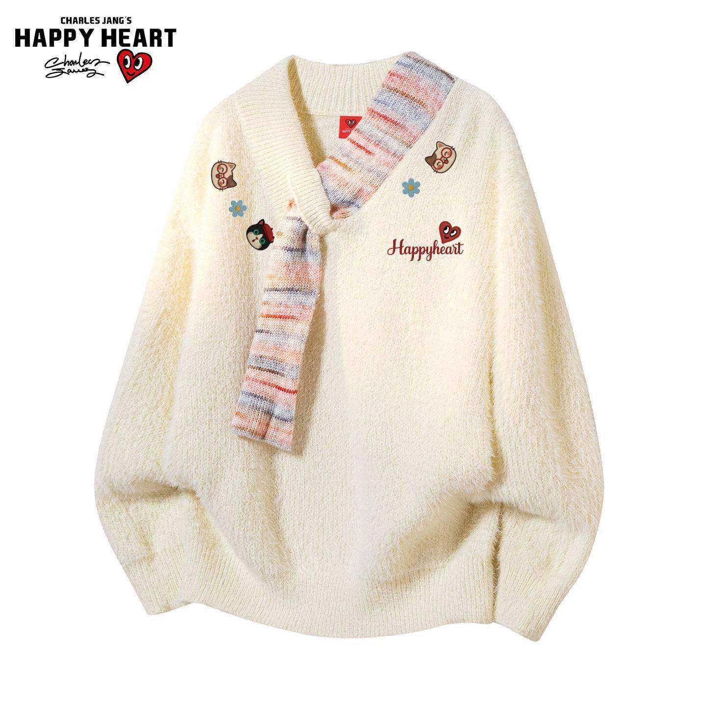 查尔斯桃心小猫印花围巾拼接慵懒毛衣男女冬季新款圣诞休闲针织衫