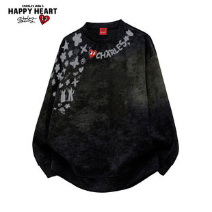 查尔斯桃心 扎染项链涂鸦印花卫衣男秋冬季新款美式加绒加厚上衣