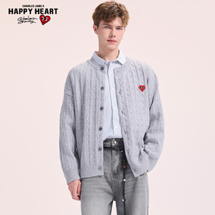 查尔斯桃心毛衣男女秋冬新款情侣多巴胺纹理感针织单排扣开衫外套