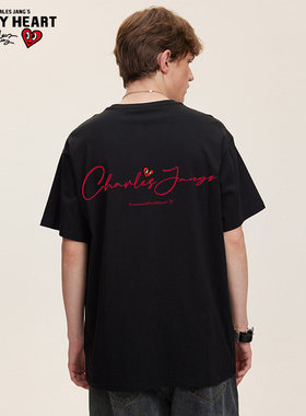 查尔斯桃心 美式纯棉短袖t恤男字母重磅休闲宽松情侣2026夏季百搭