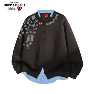 查尔斯桃心美式涂鸦印花假两件拼接卫衣男春秋季宽松休闲情侣上衣