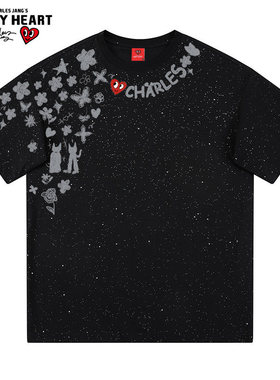 查尔斯桃心 美式短袖t恤男女纯棉涂鸦高街满天星印花夏季休闲潮牌