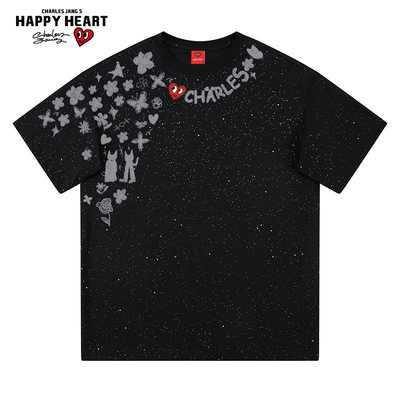 查尔斯桃心 美式短袖t恤男女纯棉涂鸦高街满天星印花夏季休闲潮牌