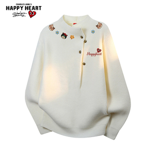 查尔斯桃心小猫印花半高领毛衣男女冬季新款保暖休闲情侣针织衫潮