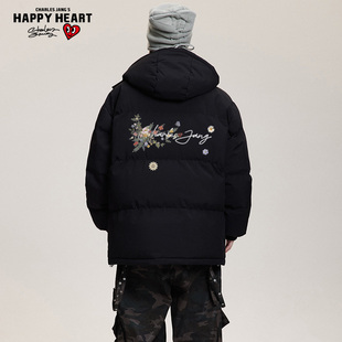 查尔斯桃心棉衣男女款冬季2026新美式花卉印花保暖连帽面包服外套