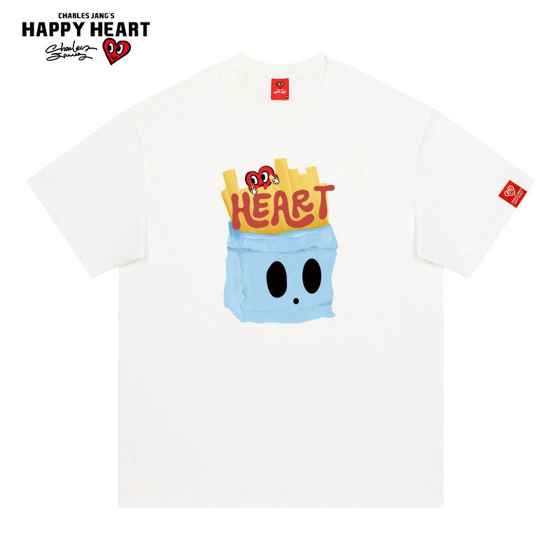 查尔斯桃心 美式薯条印花圆领短袖t恤男夏季纯棉宽松休闲情侣上衣