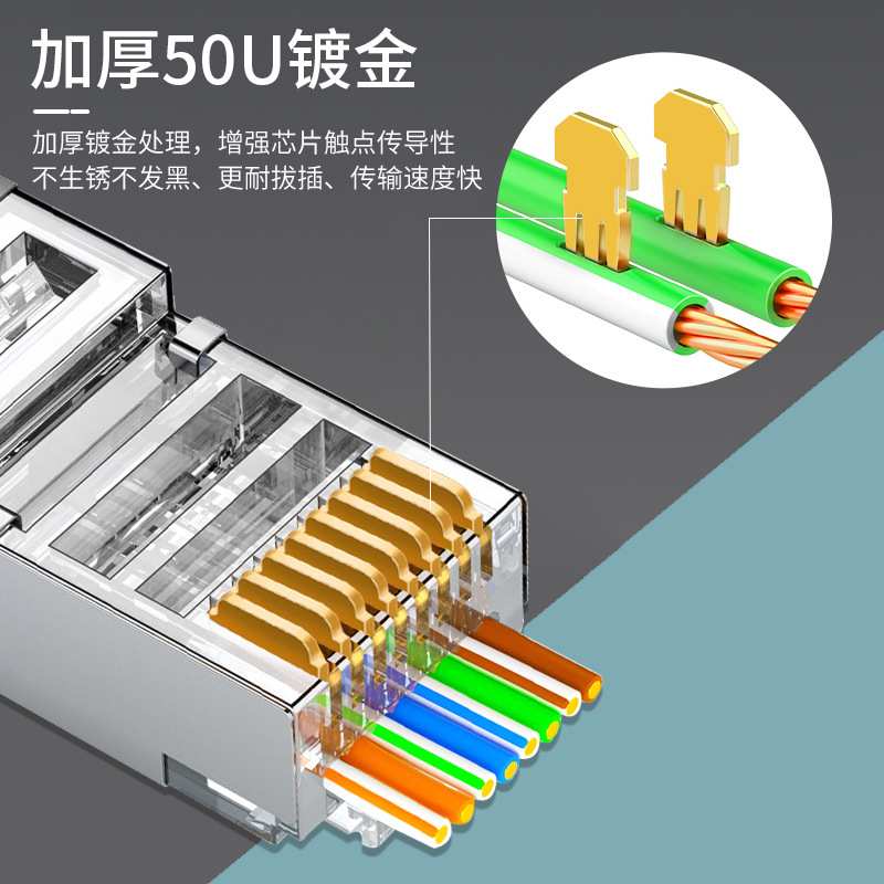 三堡  六类直通穿孔式水晶头RJ45屏蔽网络水晶头纯铜镀金50U 30个