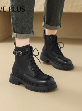 FIVE PLUS厚底马丁靴女款2025新款增高黑色机车靴复古英伦风短靴