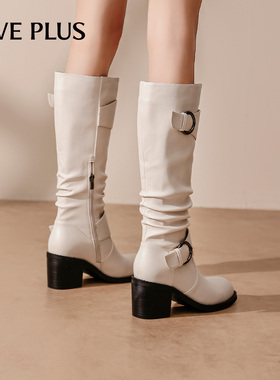 FIVE PLUS西部牛仔靴女2025冬新款加绒不过膝长筒靴皮带扣骑士靴
