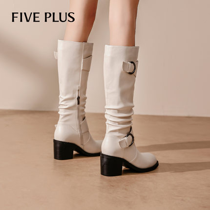 FIVE PLUS西部牛仔靴女2025冬新款加绒不过膝长筒靴皮带扣骑士靴