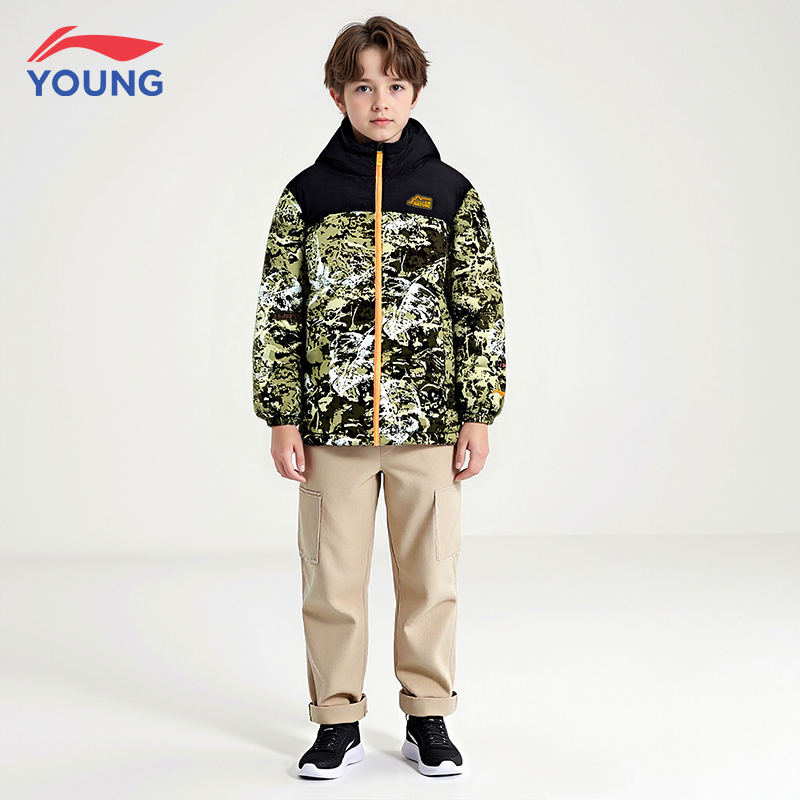 李宁男童羽绒服官方旗舰正品秋冬季宽松秋中款羽绒服保暖迷彩学生