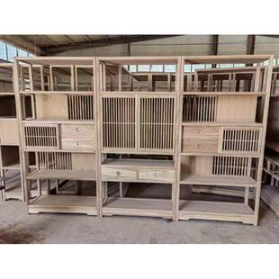 新中LQA式全实古木组合书办柜白茬老榆木书架公室景背架书橱博架