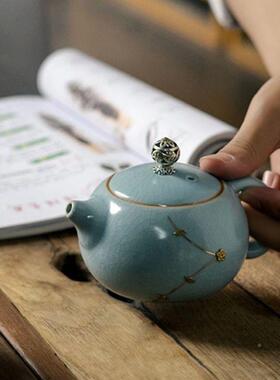 窑提梁茶壶手工锔钉茶壶李FVO辉泡熠复古汝瓷式中陶瓷盖汝碗西施