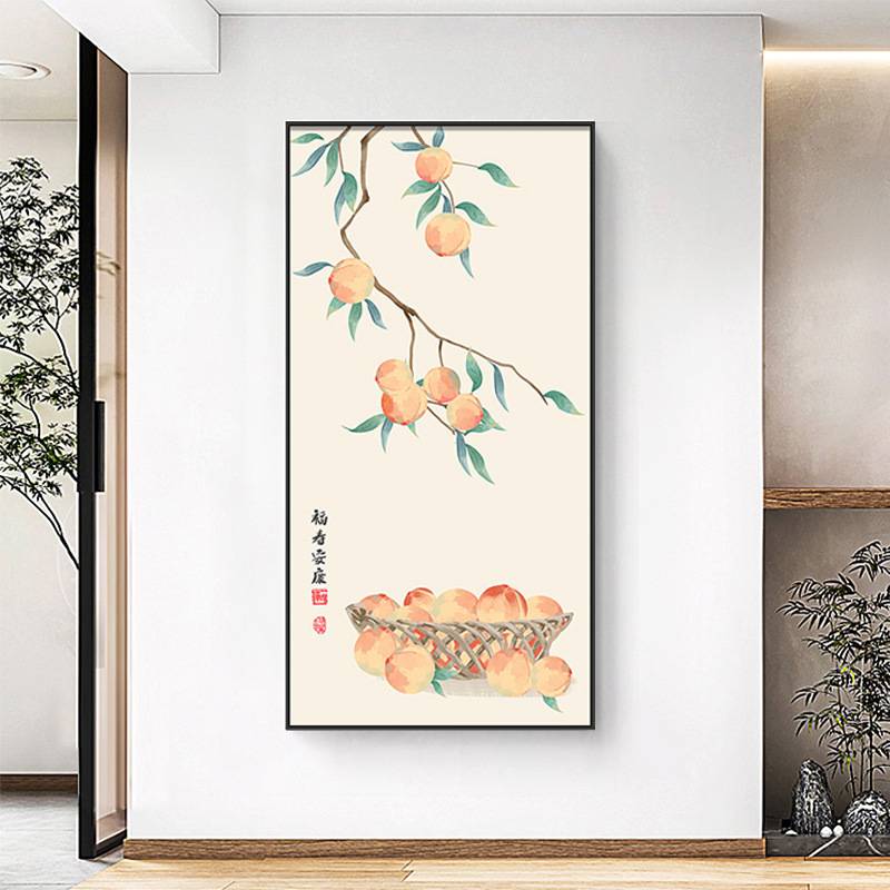 新中式入户玄关装饰画走廊过道茶室好寓意竖版壁画吉祥水果挂画图片