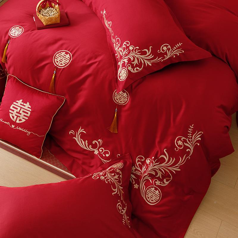 简963约中式庆四字件套全棉100S长绒棉套红色喜刺婚绣结婚被床单