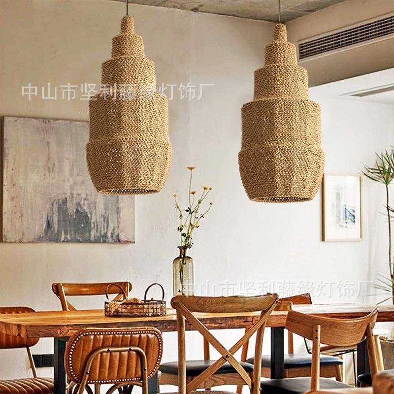 室藤编吊宿灯东南亚民餐厅卧客阳台灯笼麻绳编织田园857藤艺灯饰