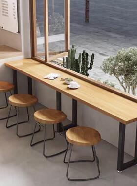 靠墙窄餐桌组合靠窗矮吧桌台工A234业酒风便利店小吃椅店吧长条桌