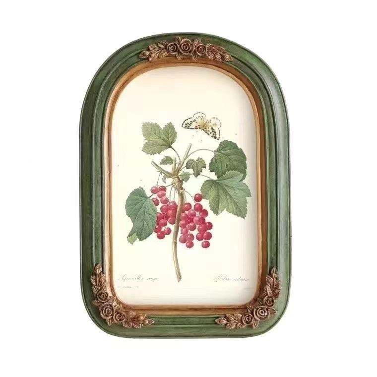 中古小众古画典饰复古怀411旧形装法式植物花卉拱框美式挂画