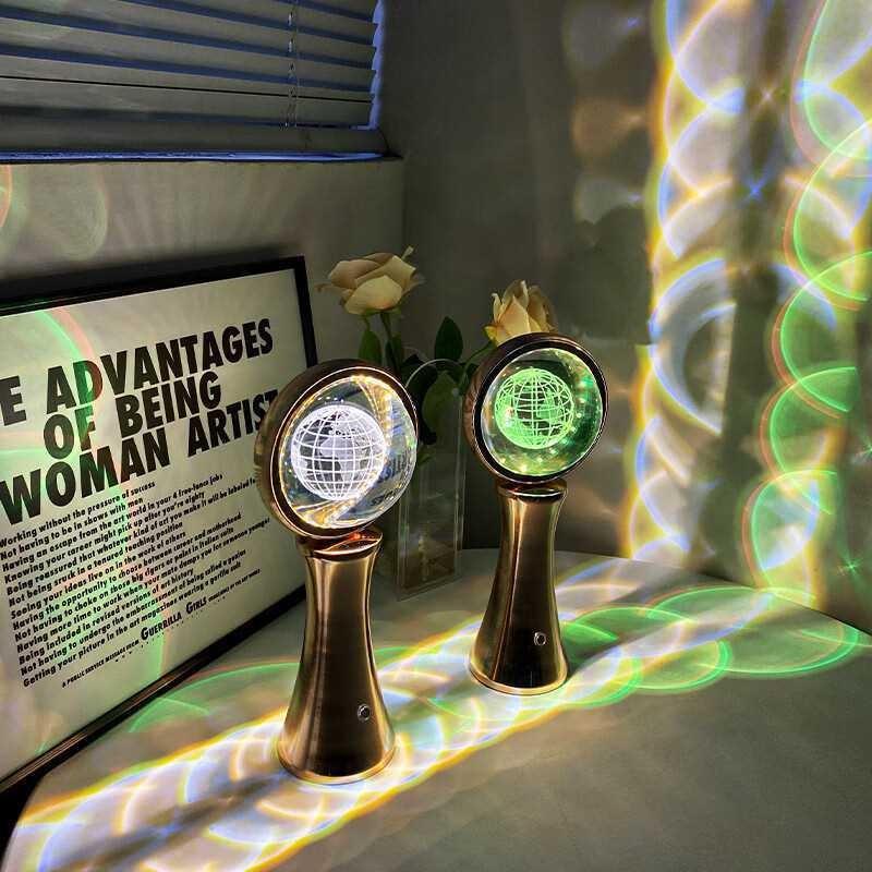 电触摸台灯水晶地球饰仪小夜灯氛615围灯动l态卧室装可调光充ed灯