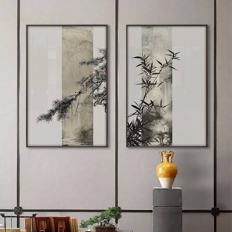 新中式书房茶室装饰画客厅松树山水禅意玄关挂画软装设计样板房画图片