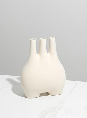 现样代奶油管风抽象三子植绒陶QVI干花瓶板间酒店餐瓷桌茶几插花