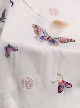 醋酸麻真丝仿缎面刺绣面料风国E14800蝴蝶绣布花料