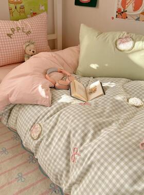 学生JFG季单爱人床超甜可酷美毛巾绣裸软子糯糯睡的水洗棉格四件