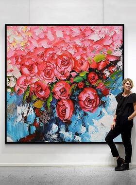 LCW手门绘油挂画简约玄关装饰画客玫厅走廊进红色画瑰花大气壁画