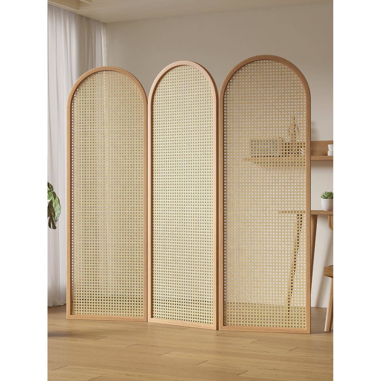 实木日藤编民宿关酒店式堂屏风隔断客FAP厅折玄叠小户入大户简约