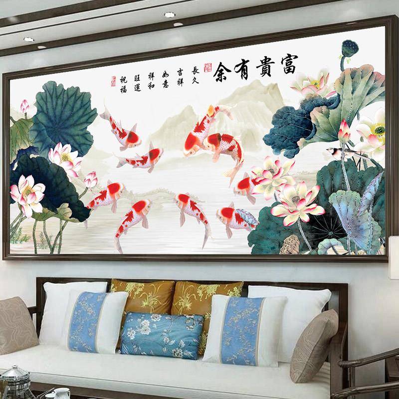 5d钻石20新花25年画款满钻客厅九鱼图荷十字绣点贴砖秀TM627421粘