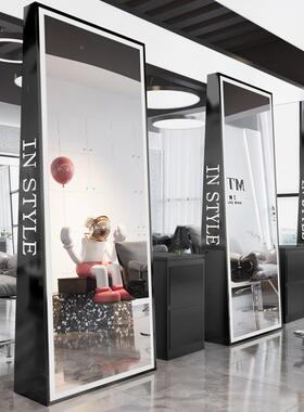 面美发店镜台发廊专用镜子发店落地剪发理网as34红双灯靠墙烫带染