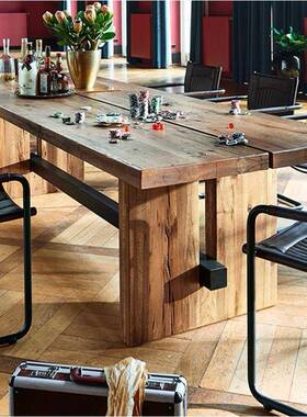 美式形复古实木会议桌长方办桌洽谈桌椅工方业风YST09141长公形实