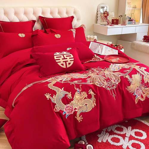 中龙凤刺红绣婚庆结四件套大色床单纯棉喜被陪ZFT嫁式床婚上用品