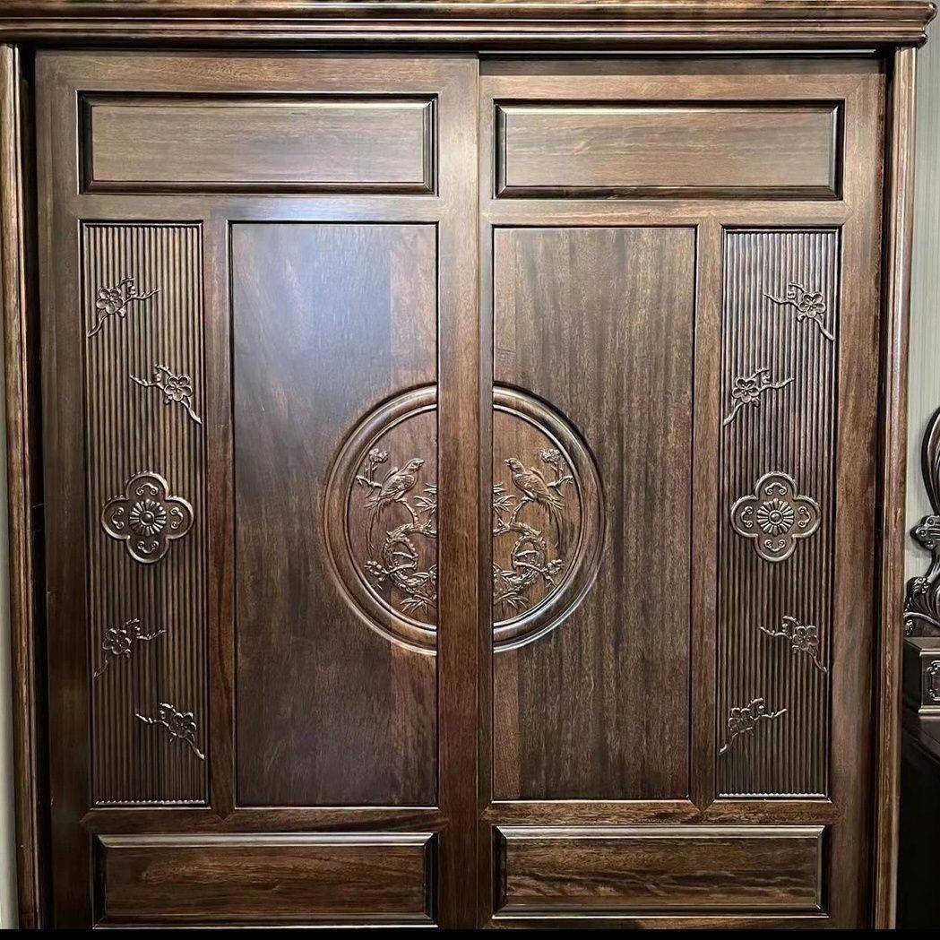 式紫檀色仿古推拉门衣橱家用小大户型简约明UVH清花古典雕中实木